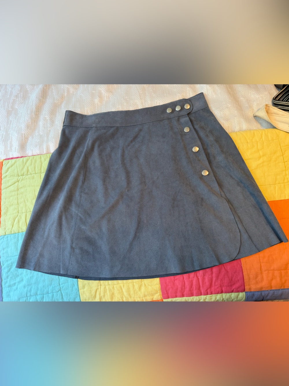 1. State Blue Gray Button-Detail Circle Skirt Y2K Faux Suede
